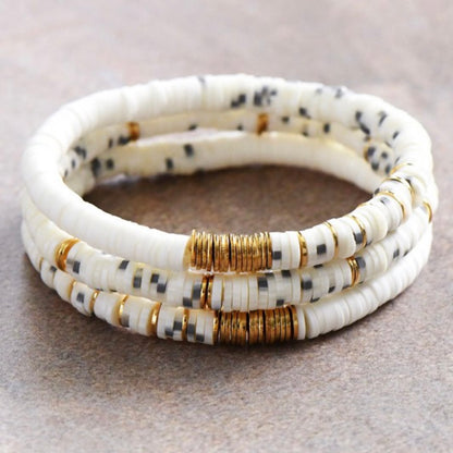 Flat Disc Bead Bracelet Stack - White