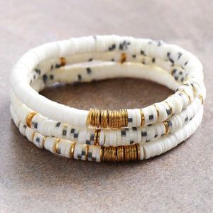 Flat Disc Bead Bracelet Stack - White