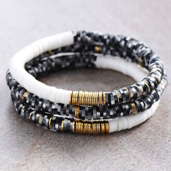 Flat Disc Bead Bracelet Stack - Black