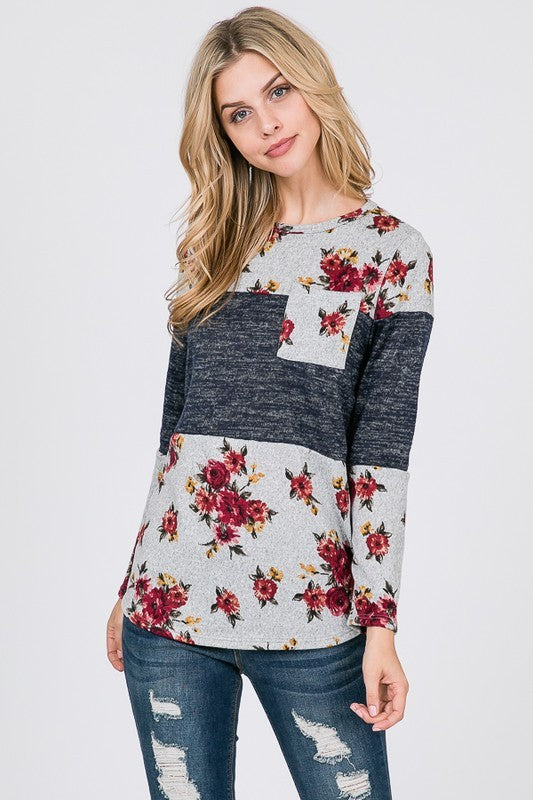 Floral Colorblock Top w/Pocket