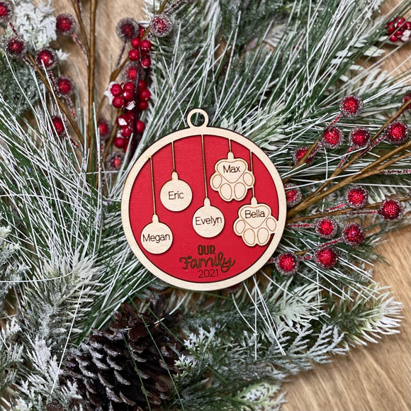 Family Ornament w/Pets - Red